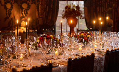 Table set with candles and glasses for large group private dining at Rhubarb restaurant in Edinburgh 