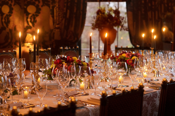 Table set with candles and glasses for large group private dining at Rhubarb restaurant in Edinburgh