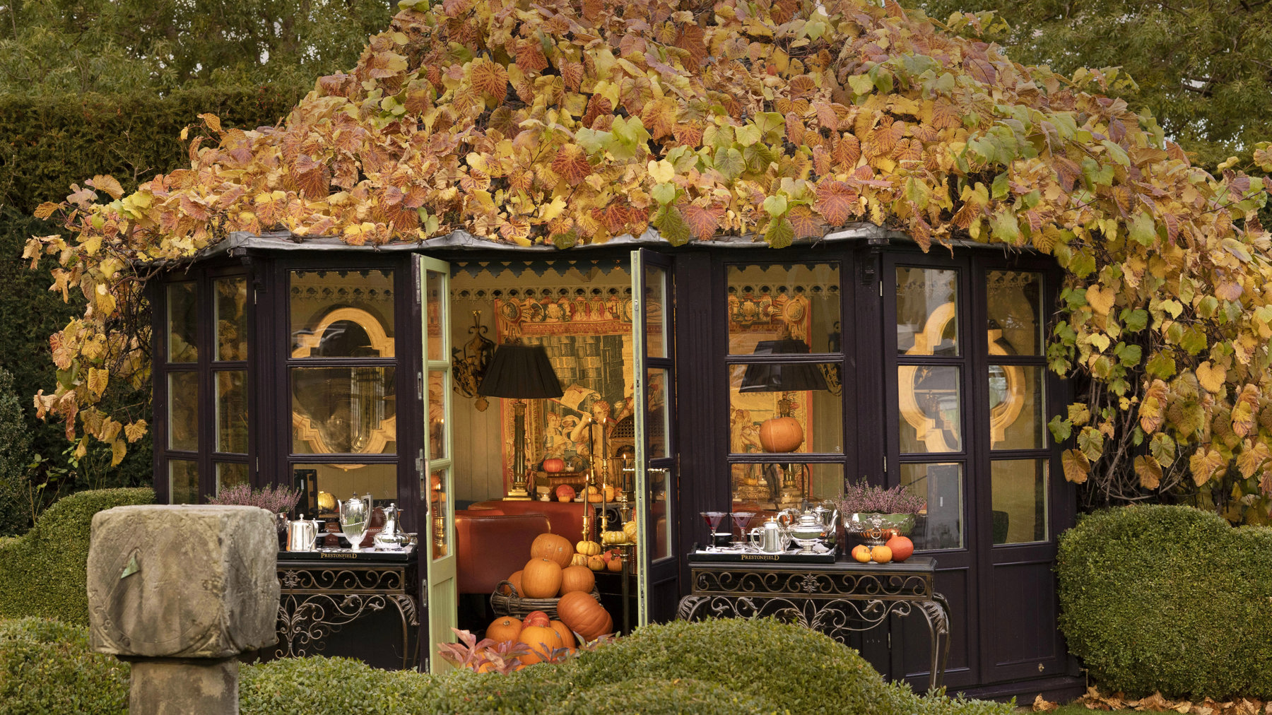 Halloween pumpkins in the Prestonfield House Hotel Estate's summer house during an Edinburgh October Break